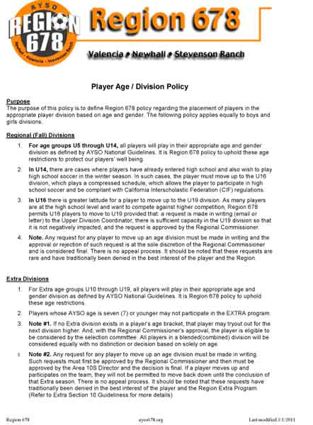 Player Age Division Policy
